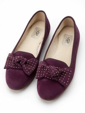 UGG Alloway) studded bow flats Size 8.5 Burgundy Suede Ballet Flats  Sheepskin